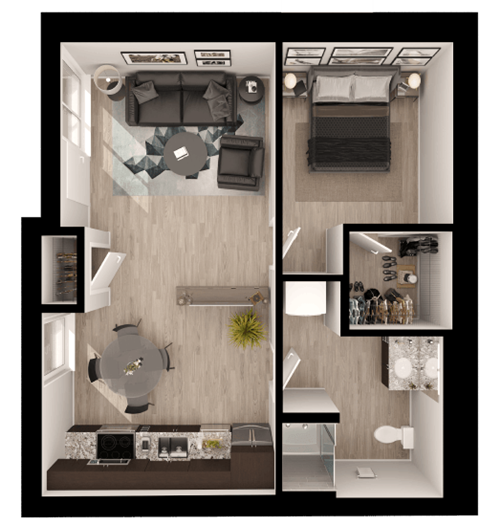 Floor plan for 1 bed, 1 bath, 731 sqft